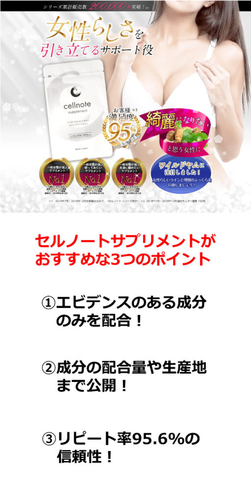 セルノートサプリ 口コミ 効果 /バストアップすると評判？